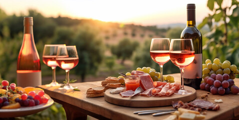 Various wine snack with cheese,bread,olives,ham and fruit with pink rose wine bottle and glasses.Macro.AI Generative