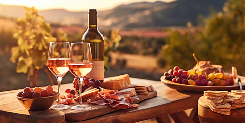 Bottle and glasses of pink rose wine with snack board on table on summer romantic evening.Macro.AI Generative