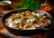 Beef stroganoff meal with mushrooms and sour cream gravy sauce in deep pan.Macro.AI Generative