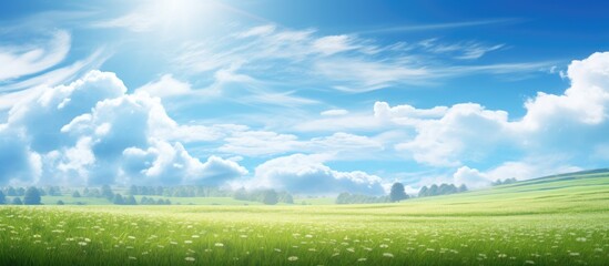 Poster - Blue sky and sunlight illuminating a spring field With copyspace for text