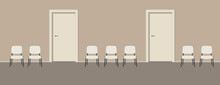 Waiting Hall In A Beige Color. Corridor Interior. Many White Chairs Near The Doors. Vector Flat Illustration.