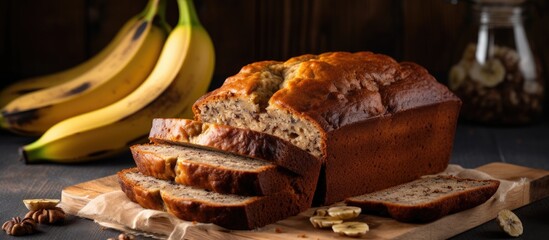 Poster - Close up photograph of rustic style sliced homemade banana bread on a table With copyspace for text