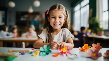 Sticker - Young preschooler makes a paper and paint craft for classroom lessons