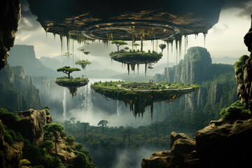 Wall Mural - a surreal landscape with floating islands and upside-down waterfalls, defying the laws of gravity an
