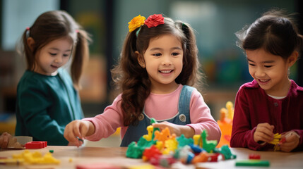 Sticker - Group of preschoolers makes a paper and paint crafts on classroom lessons