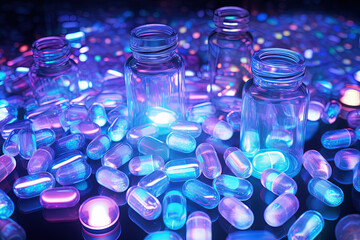 Wall Mural - Background with pills and capsules in neon blue and purple colors. Medical drug or dietary supplement concept.