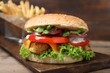 © New Africa - Delicious tofu burger served with french fries on table, closeup
