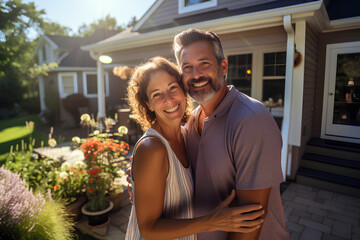 a happy and smiling couple in their fifties, pose in front of their house