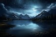 A landscape depicting a serene lake, surrounded by trees and mountains, under a moonlit sky with a sprinkle of stars. Generative AI