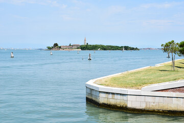 Poveglia, a small island located between Venice and Lido in the Venetian Lagoon, Italy, as seen from Malamocco on Lido Island.