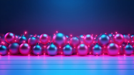 Wall Mural - New Year neon table top background frame party poster design with neon Christmas ornaments and neon bokeh with copy space. Luminosity xmas  decoration.