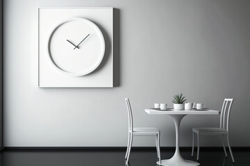 dining room with abstract white table and chairs. The empty frame and clock's back. Generative AI