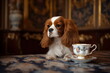 Cute cavalier king charles spaniel dog drinking traditional english tea with milk in royal palace