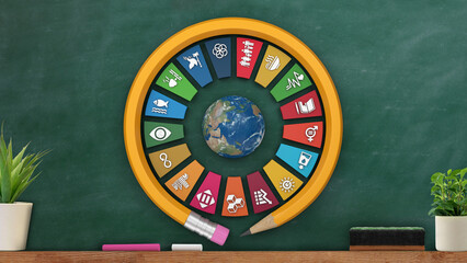 Wall Mural - Green chalkboard, blackboard in wooden frame.  3D rendering Sustainable Development Wheel with round pencil. Corporate social responsibility