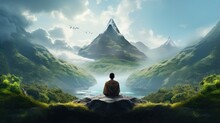  A Man Sitting On A Rock Looking At A Mountain Range.  Generative Ai