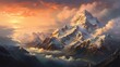  a painting of a mountain with clouds and a sunset in the background.  generative ai