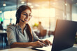 © alisaaa - Contact us, customer service and telemarketing call center agent using her laptop and headset in the office, Portrait of a woman at our sales help desk job, smile and working to tell you about us