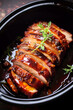Slow cooker honey balsamic and soy sauce glazed pork belly. Delicious holiday meal for family dinner and celebrations