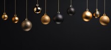 Christmas Celebration Decoration Holiday Banner Template Greeting Card - Group Of Hanging Gold Black Christmas Baubles Balls Ornaments On Black Background Wall Texture