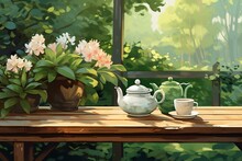 Illustration Of A Tranquil Garden With Wooden Table, Teapot, Flowers, And Green Vegetation Outdoors, Perfect For A Decorative Background Banner. Generative AI