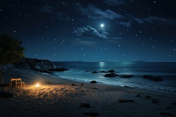 Mysterious Beach night sky. Stars tropical night. Generate Ai