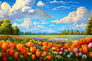 Wall Mural - A painting of a field of tulips, digital painting