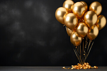 Wall Mural - Bunch of big golden balloons objects for birthday party isolated on a black background