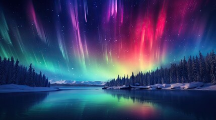 a beautiful night with the aurora lights reflecting in the water. generative ai