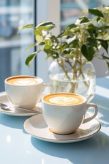 Two White cappuccino cups with latte art heart on light round table and lit by bright morning sunlight.