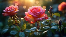  A Close Up Of Two Roses With Water Droplets On Them.  Generative Ai