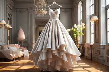 Wall Mural - Beautiful wedding dress hanging on a mannequin in a interior of bridal salon.