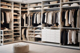 Fototapeta Londyn - Modern wardrobe interior with clothes on shelves in dressing room