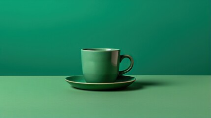  a green coffee cup and saucer on a green table.  generative ai