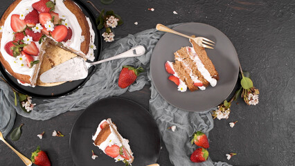 Wall Mural - Sponge cake with fresh strawberries