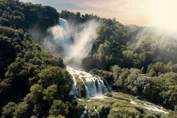 Wall Mural - aerial view of the Marmore waterfalls in Umbria