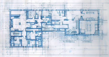 Generative AI, Blue print floor plan, architectural background, technical draw