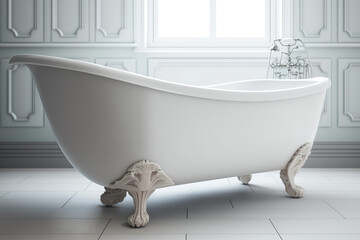 Wall Mural - Unattached white bathtub, elegant, old-fashioned. Beautiful bathroom. Generative AI