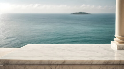  empty white marble podium with sea view  background.