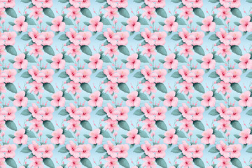 Wall Mural - pastel pink and blue hibiscus flowers seamless pattern