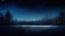  A Night Scene With A Snowy Field And Trees With Stars In The Sky.  Generative Ai