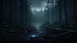 An enigmatic, murky, forestscape with a moody and secretive aura, imbued by a misty atmosphere and dramatic lighting.