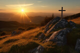 Fototapeta Krajobraz - Witness the serene beauty of a Christian cross on top of a mountain, bathed in the warm glow of sunset or sunrise, a symbol of peace and spirituality. Ai generated
