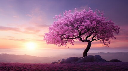   a pink tree in the middle of a field with mountains in the background.  generative ai