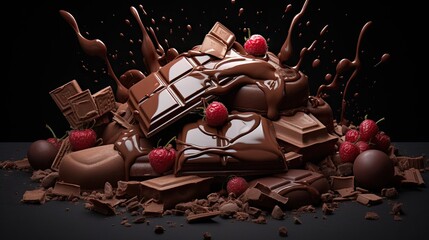 Poster -  a pile of chocolate with strawberries on top of it.  generative ai