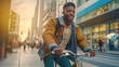 © redflower - A young man is joyfully riding his bicycle along a city street