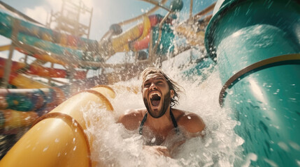 Wall Mural - A happy person riding on the water slide in the waterpark