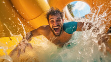 A Happy Person Riding On The Water Slide In The Waterpark
