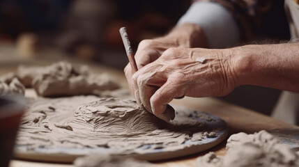 Canvas Print - Close-up view of an artist's hands meticulously shaping and crafting a ceramic piece