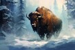 Untamed Bison snow forest. Nature mammal. Generate Ai