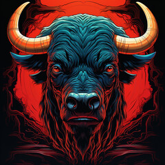 angry bull head illustration on a red and black background